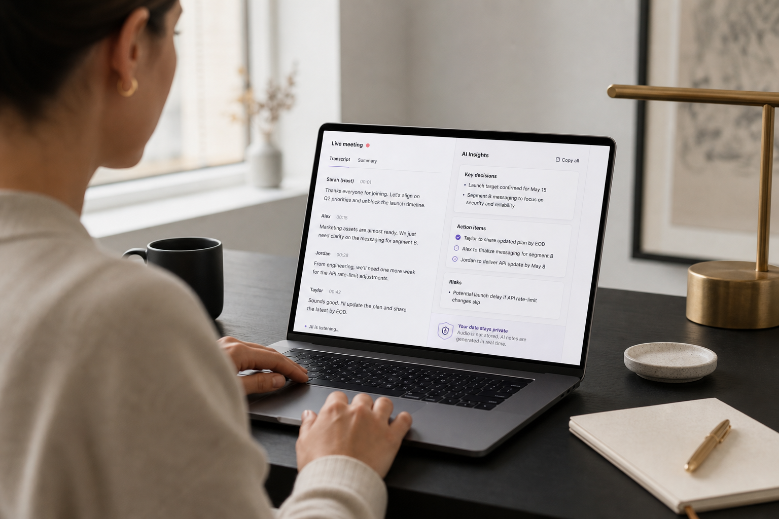 Olva invisible meeting assistant concept with desktop AI overlays