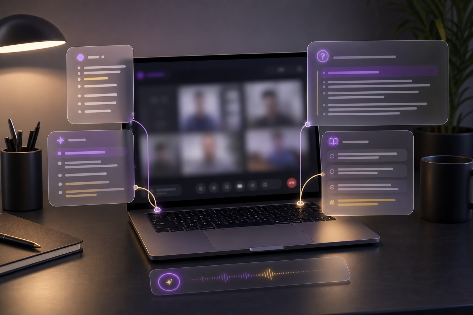 Olva meeting assistant concept with live AI overlays around a desktop meeting