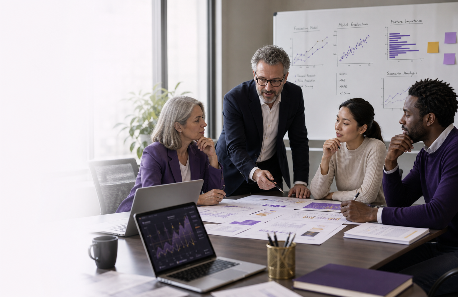 Experts reviewing model strategy, data diagrams, and prediction charts